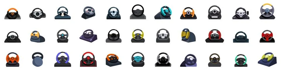 Game controller steering wheel icons set. Large set of different gaming wheels 库存插图