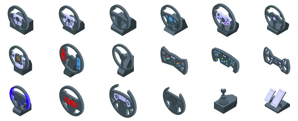 Game controller steering wheel icons set. Different types of racing wheels an 库存插图