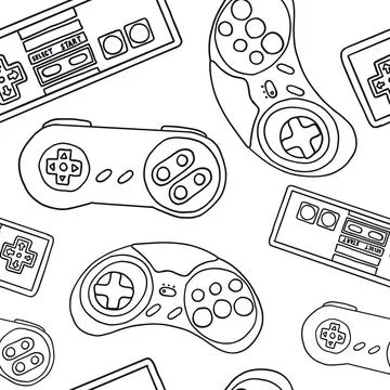 Game controllers seamless pattern. Wallpaper. In outline doodle flat style Illustrazione stock