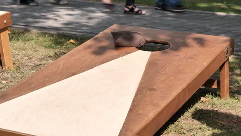 A game of cornhole, successful throws and misses. Sacks filled with corn Stock Footage 273607621