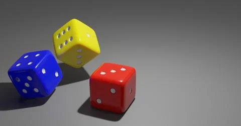 Game cubes are falling red blue yellow gray background. 3d render Stock Illustration