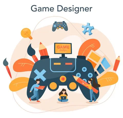Game designer concept. Creative process of a computer video game building Stock Illustration