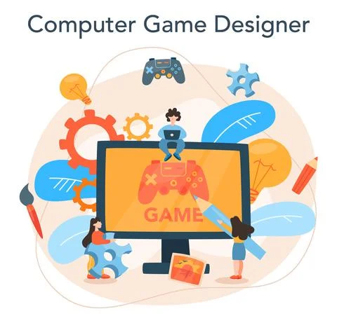 Game designer concept. Creative process of a computer video game building Stock Illustration