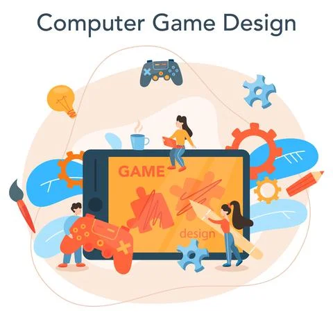 Game designer concept. Creative process of a computer video game building Illustrazione stock