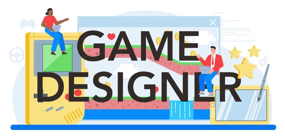 Game designer typographic header. Creative process of a computer Stock Illustration