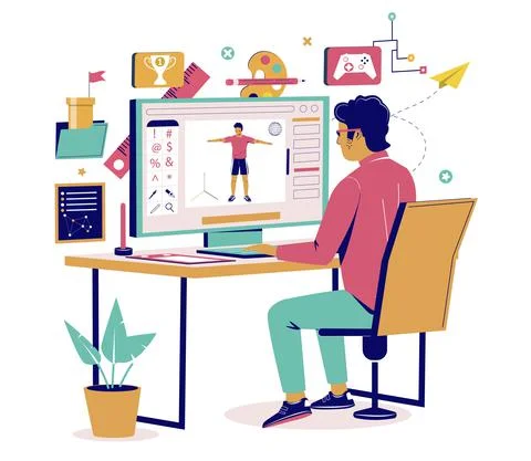 Game designer at work flat vector illustration Stockillustratie