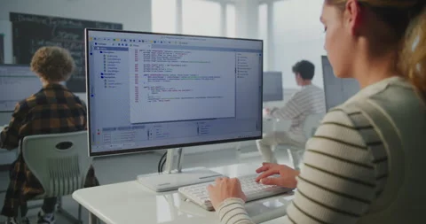 In Game Dev Workshop, Young Woman Typing Program Code on Monitor Stock Footage 318525851