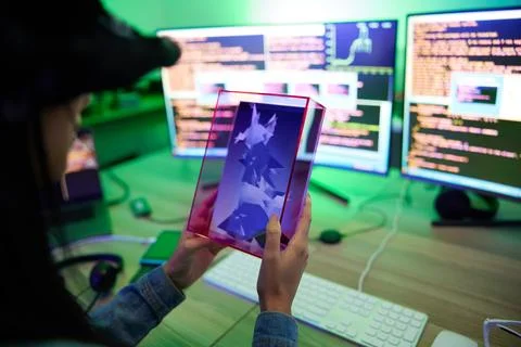 Game, developer and coding person with metaverse character development and 库存照片