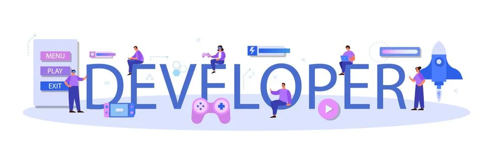 Game developer typographic header. Creative process of a computer Stock Illustration
