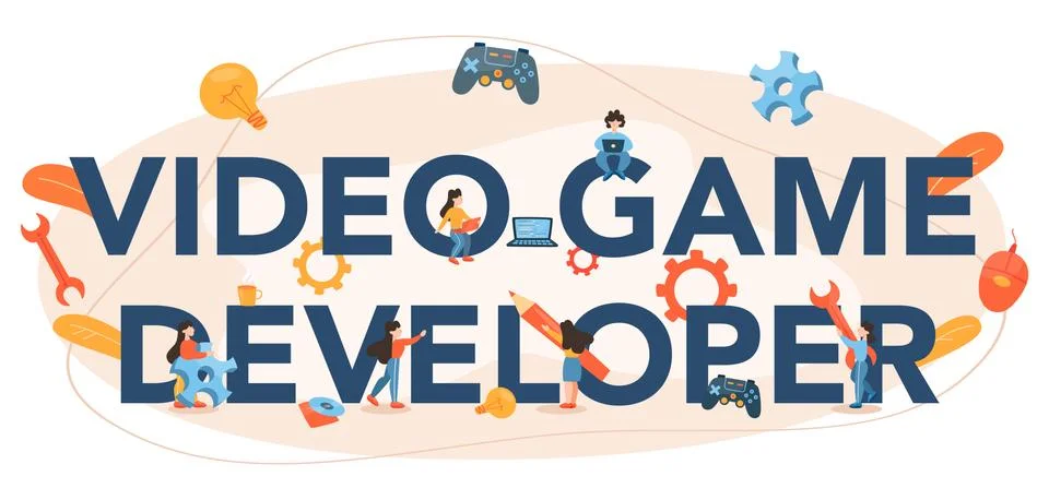 Game developer typographic header. Creative process of a computer video 스톡 일러스트
