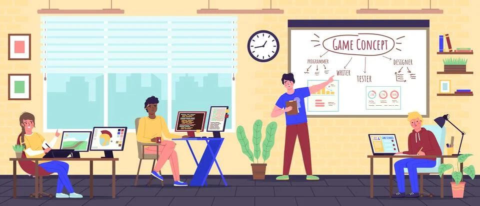 Game developers team in office. Geeks in coworking, digital entertainment Stock Illustration