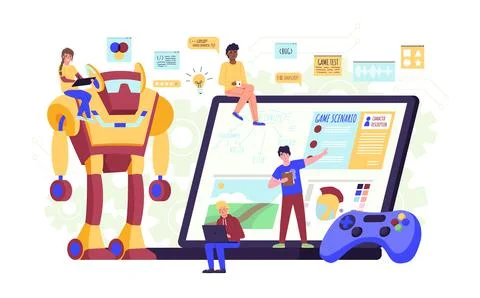 Game developers team. People group work, digital entertainment production Stock Illustration
