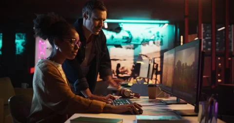 Game Developers Working on Computer in Office Stock Footage 251820500