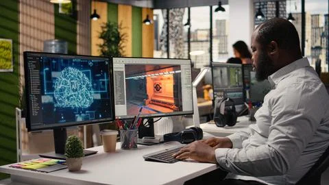 Game developing, AI neural networks, creating spatial video game Stock Photos