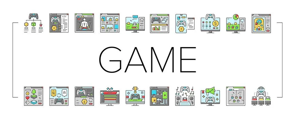 Game development computer icons set vector Illustrazione stock