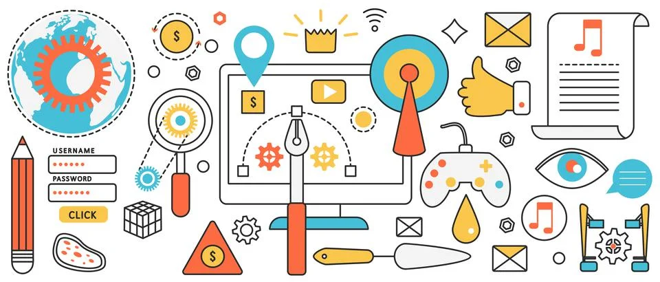 Game development for computer, mobile phone, modern digital application, video Illustrazione stock