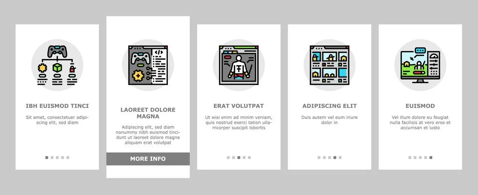 Game development computer onboarding icons set vector Illustrazione stock