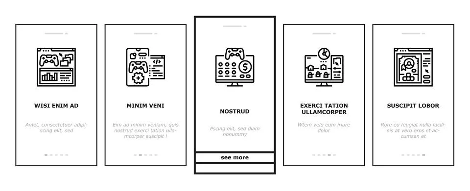 Game development computer onboarding icons set vector 스톡 일러스트