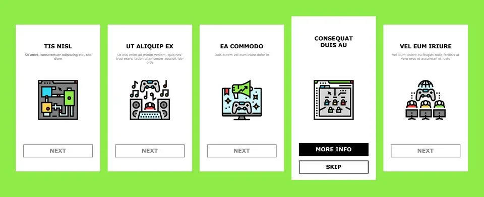 Game development computer onboarding icons set vector 스톡 일러스트