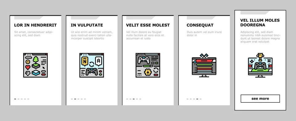 Game development computer onboarding icons set vector Illustrazione stock