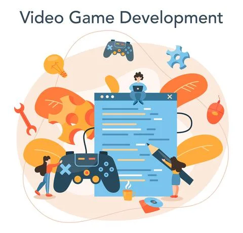 Game development concept. Creative process of a computer video game Stock Illustration