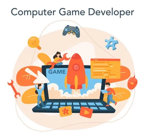Game development concept. Creative process of a computer video game Illustrazione stock