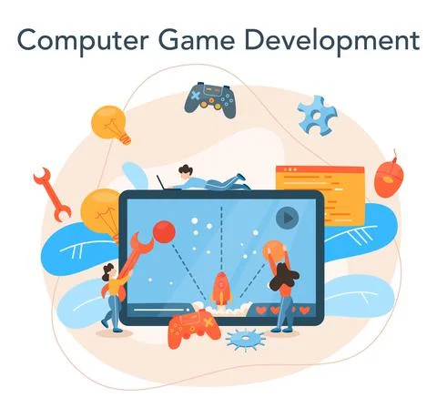 Game development concept. Creative process of a computer video game Stock Illustration