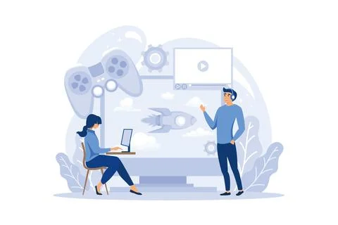 Game development concept. Creative process of a computer video game design... Stock Illustration