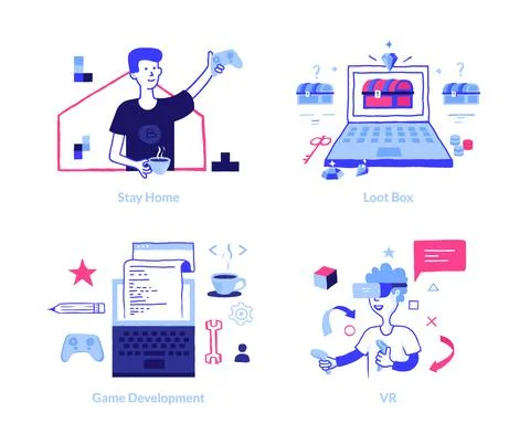 Game development concept. Doodle VR gaming. Cartoon boys holding joystick and Stock Illustration