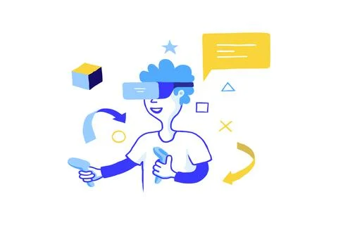 Game development concept. Doodle VR gaming. Boy with augmented virtual reality 스톡 일러스트