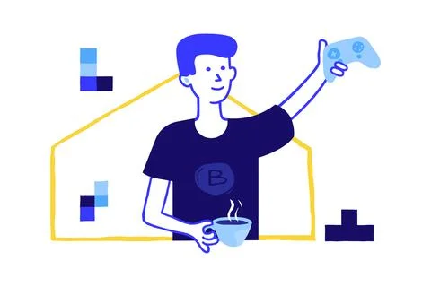 Game development concept. Doodle VR and 3D video gaming mechanics trendy flat Stock Illustration