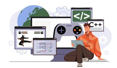 Game development concept. Man with tablet near computer and joystick. Gaming and 스톡 일러스트