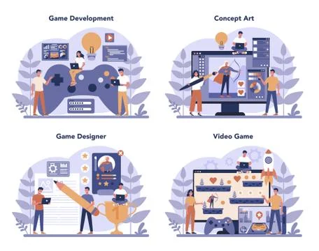 Game development concept set. Creative process of a computer video Stock Illustration