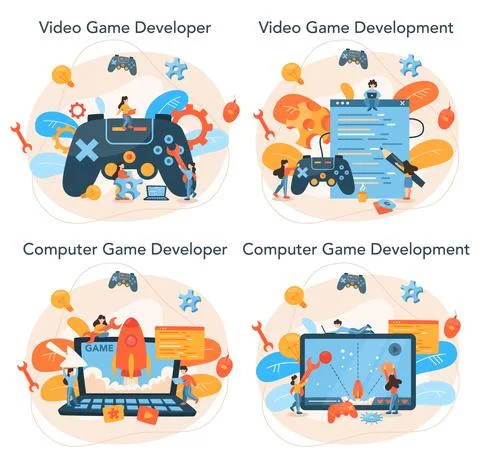 Game development concept set. Creative process of a computer video game Stock Illustration