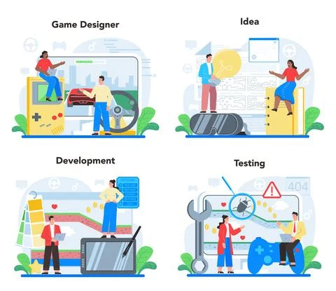 Game development concept set. Creative process of a computer video Stock Illustration