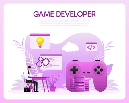 Game development. Digital simulation. Video games programming. Vector Stockillustratie