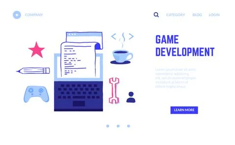 Game development landing page. Programming VR entertainment cyber project Illustrazione stock