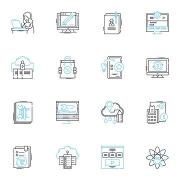 Game Development linear icons set. Code, Design, Programming, Graphics Stock Illustration