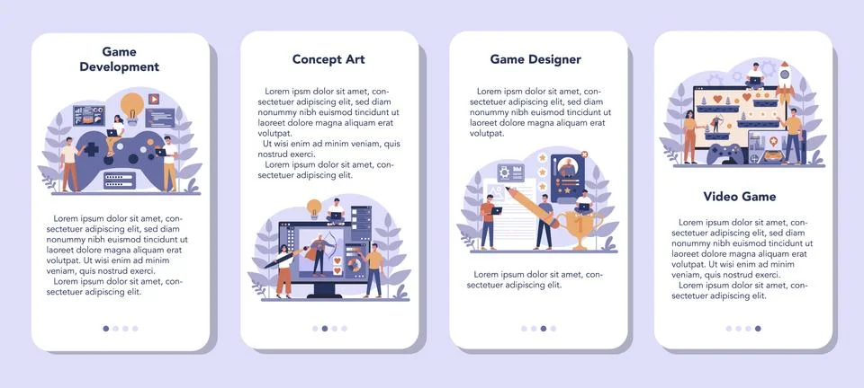 Game development mobile application banner set. Creative process Stock Illustration