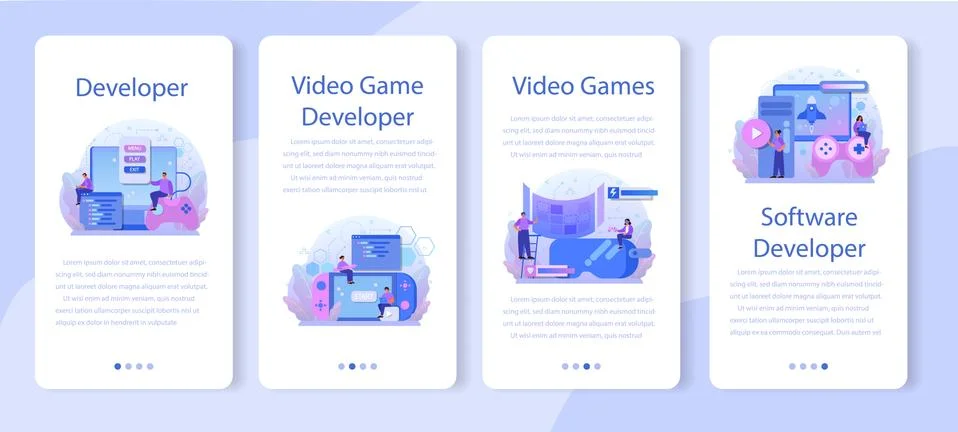 Game development mobile application banner set. Creative process Stock Illustration