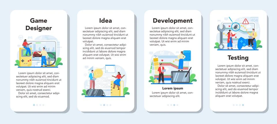 Game development mobile application banner set. Creative process Stock Illustration