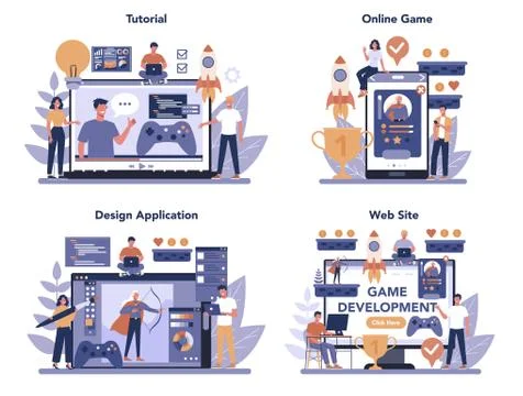 Game development online service or platform set. Creative process Illustrazione stock