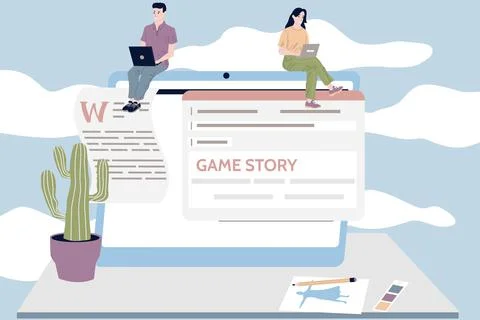 Game development. People programming gaming script. Freelance occupation. Man Stockillustratie