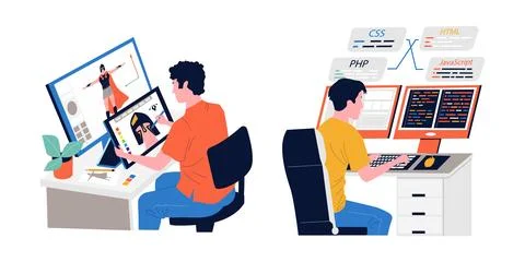 Game development. People programming or coding video gaming script. Freelance 库存插图