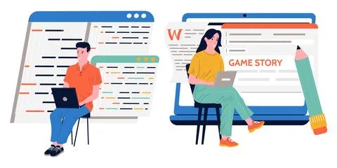 Game development. People programming software with laptops. Coding scripts Stock Illustration