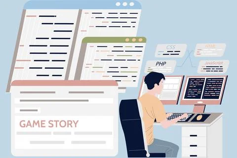 Game development. People programming software or coding video gaming script Stockillustratie