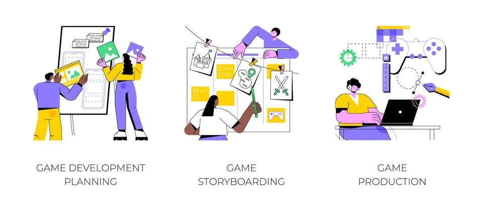 Game development process isolated cartoon vector illustrations. Illustrazione stock