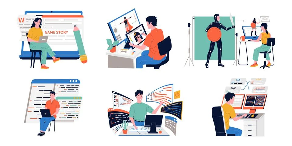 Game development. Programmers working on digital entertainment project. People Illustrazione stock