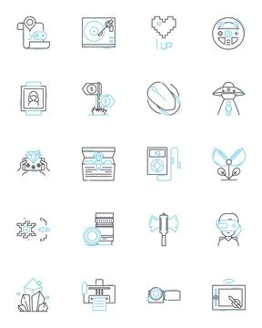 Game development sector linear icons set. Code, Graphics, Animation, Design Stock Illustration