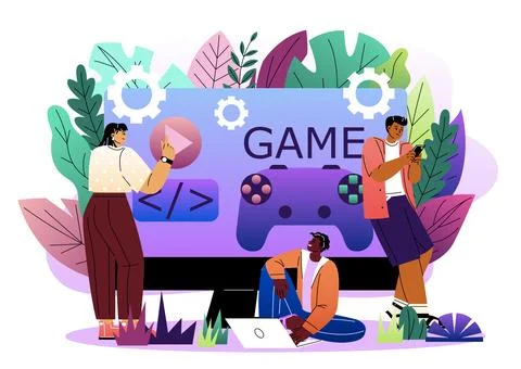 Game development teamwork concept. Vector illustration Stock Illustration
